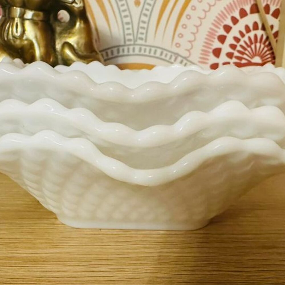 Set of 3 White Milk Glass Square Diamond Cut Scalloped Candy/Nut Dish dishes